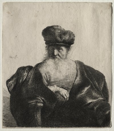 ひげ、毛皮の帽子、ベルベットのマントを持つ老人c。 1632。 作： Rembrandt van Rijn