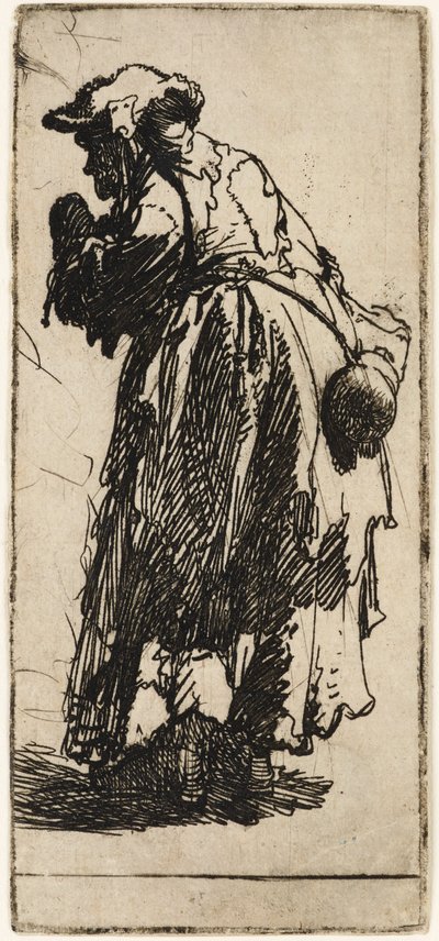ひょうたんを持った年老いた物乞いの女性、1629 年頃。 作： Rembrandt van Rijn