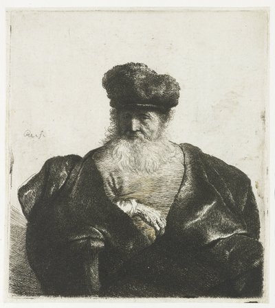 あごひげ、毛皮の帽子、ベルベットのマントを着た老人 作： Rembrandt van Rijn