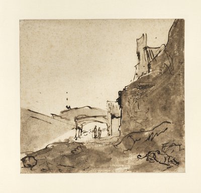 壁と戸口のある町の郊外、1627年〜28年（紙に水で洗ったインディアンインク） 作： Rembrandt van Rijn