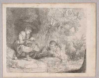 フルートを奏でる羊飼い（オムヴァルの風景：羊飼いの少女とフルートを奏でる少年） 作： Rembrandt van Rijn