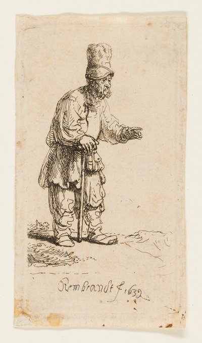高い帽子をかぶった農民、棒に寄りかかって立っている 作： Rembrandt van Rijn