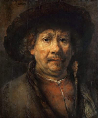 レンブラント・ファン・レイン（1606-1669）の「Petit autoportrait - Small Self-Portrait」。木に油彩、1657年頃。寸法：48x40,6cm美術史博物館、ヴィエンヌ 作： Rembrandt van Rijn