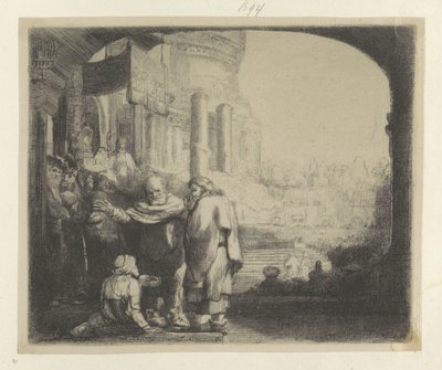 神殿の門で体の不自由な人を癒すピーターとジョン Requeil de quatre-vingt-cinq estampes originales (シリーズタイトル) 作： Rembrandt van Rijn