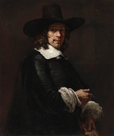 背の高い帽子と手袋をはめた紳士の肖像、c. 16561658。 作： Rembrandt van Rijn