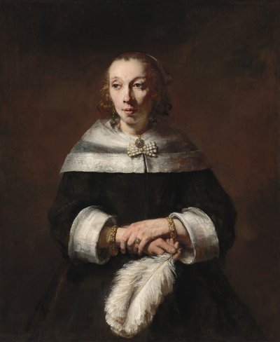 ダチョウの羽の扇を持つ女性の肖像、c. 16561658。 作： Rembrandt van Rijn