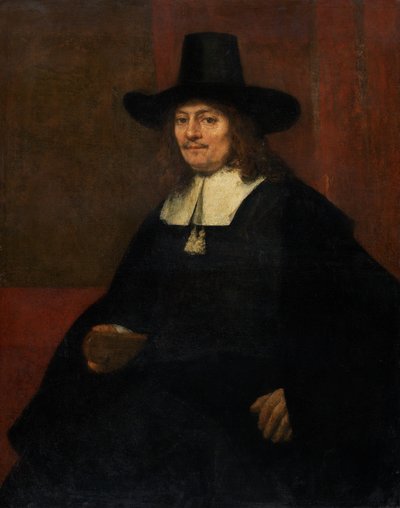 背の高い帽子をかぶった男の肖像、c。 1663年。 作： Rembrandt van Rijn