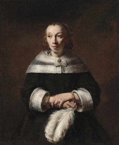 ダチョウの羽根の扇を持つ女性の肖像 作： Rembrandt van Rijn