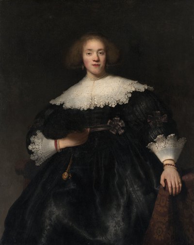 ファンを持つ若い女性の肖像、1633 作： Rembrandt van Rijn