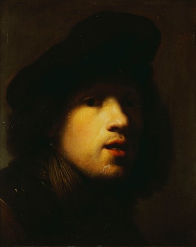 アーティストの肖像画、頭と肩、黒いベレー帽とゴルジェット 作： Rembrandt van Rijn