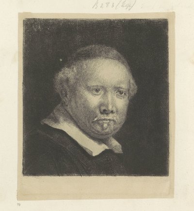 著述家リーヴェン・ウィレムスの肖像画。 コッペノールから：大皿 Requeil de quatre-vingt-cinq estampes originales (シリーズタイトル) 作： Rembrandt van Rijn