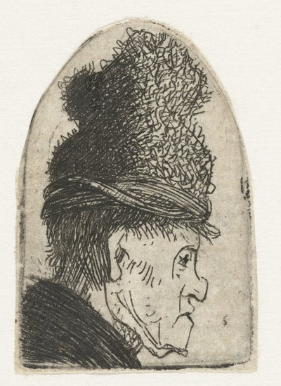 高い帽子をかぶった男の横顔 グロテスクなプロフィール: ハイキャップの男 作： Rembrandt van Rijn