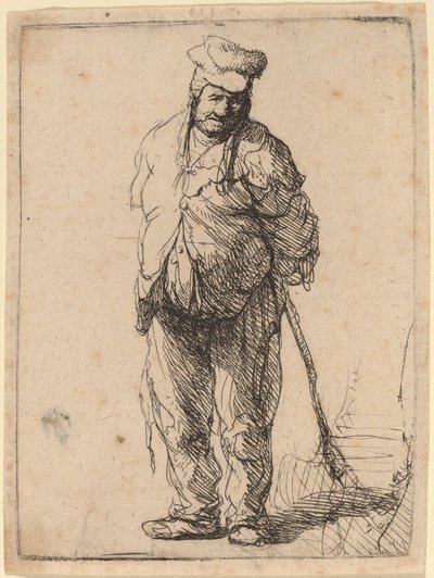 ぼろぼろの農民が手を後ろに持ち、棒を持っている 作： Rembrandt van Rijn