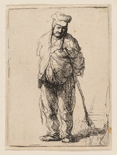 ぼろぼろの農民が手を後ろに持ち、棒を持っている 作： Rembrandt van Rijn