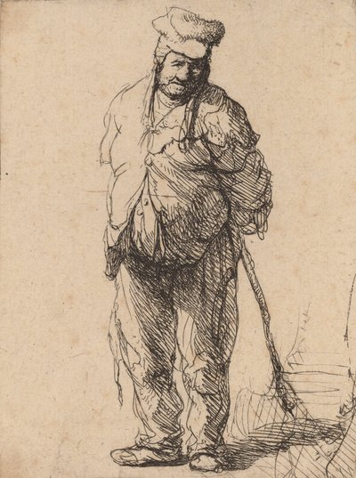 ぼろぼろの農民が手を後ろに持ち、棒を持っている c. 1630年。 作： Rembrandt van Rijn