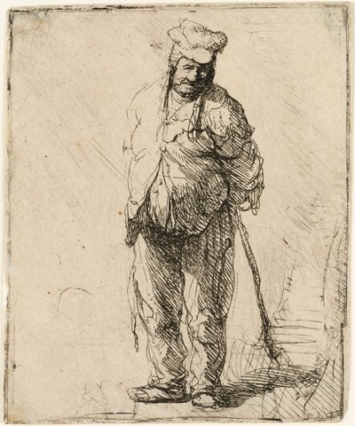 ぼろぼろの農民が手を後ろに持ち、棒を持っている、1630 年頃。 作： Rembrandt van Rijn