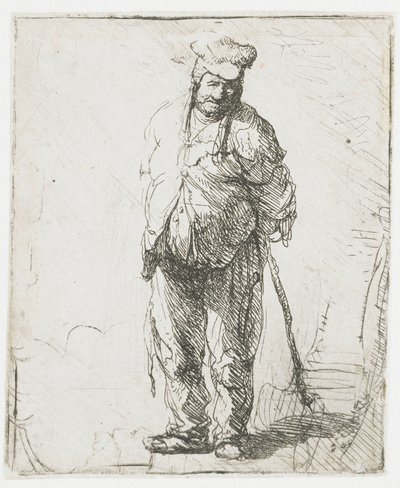 両手を後ろに組んで、棒を手にしたぼろぼろの農民 作： Rembrandt van Rijn