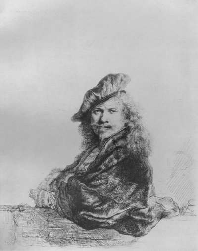 石の敷居に寄りかかるレンブラント、1639年 作： Rembrandt van Rijn