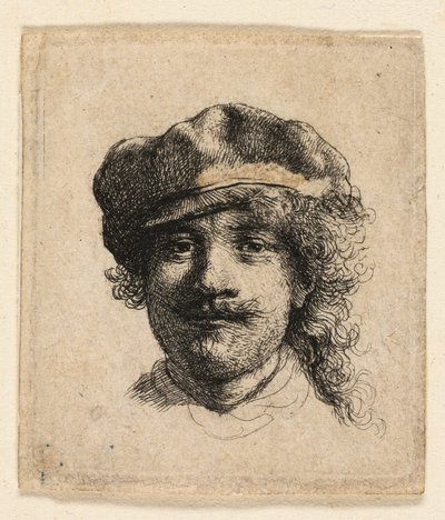 ソフトキャップをかぶったレンブラント: フルフェイス: ヘッドのみ 作： Rembrandt van Rijn