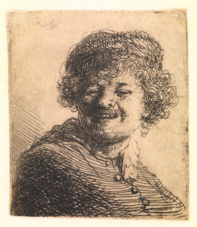 帽子をかぶったレンブラント、笑う: バスト 作： Rembrandt van Rijn