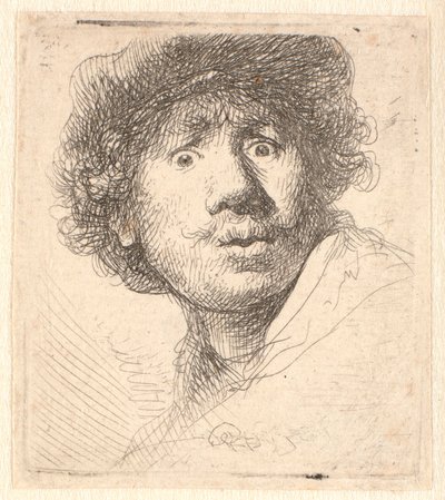 帽子をかぶったレンブラント、口を開けて見つめている: バストの輪郭 作： Rembrandt van Rijn