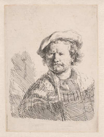 肩にショールを巻いた平らな帽子をかぶったレンブラント 作： Rembrandt van Rijn