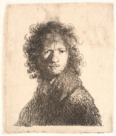 レンブラントは、右からの鋭い光の中で、頭を下げています: 彼の肩越しに見ています: 胸像 作： Rembrandt van Rijn
