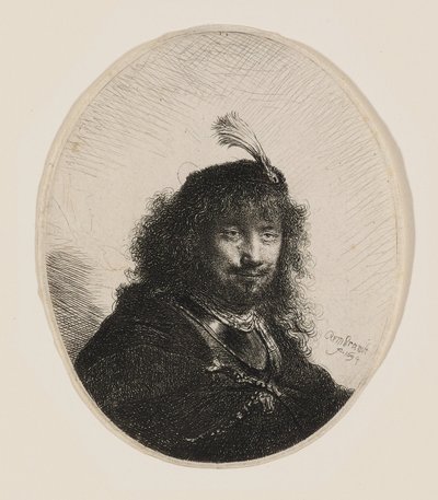 羽飾りのついた帽子をかぶり、サーベルを下ろしたレンブラント 作： Rembrandt van Rijn