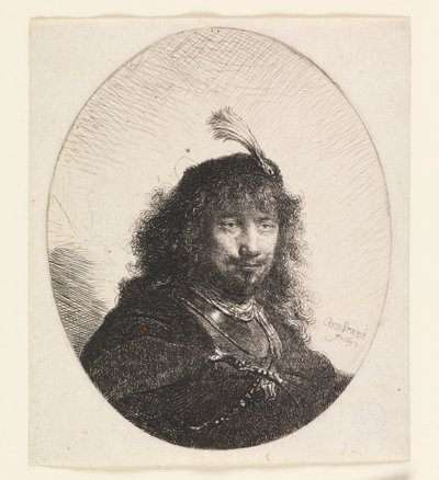 羽飾りのついた帽子と下げたサーベルを持つレンブラント 作： Rembrandt van Rijn