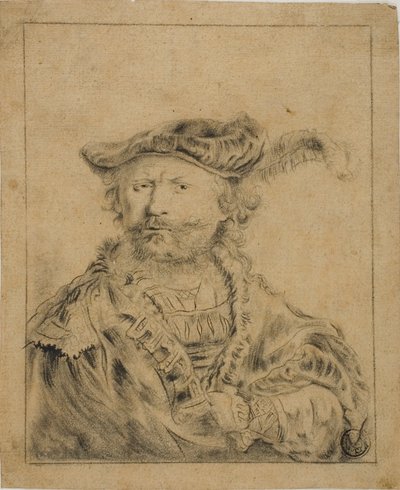 羽根飾り付きの帽子をかぶったレンブラント 作： Rembrandt van Rijn