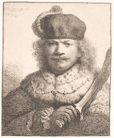 サーベルを掲げたレンブラント：半身像 作： Rembrandt van Rijn