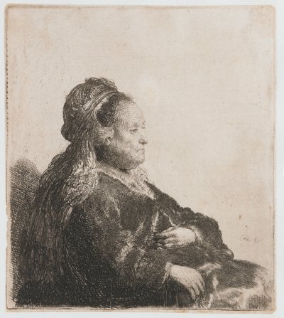 レンブラントの母の着席 東洋風の頭飾りをつけて座っているアーティストの母親: ハーフレングス 作： Rembrandt van Rijn