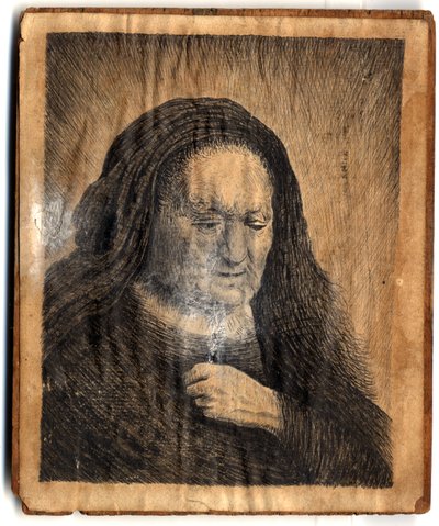 レンブラントの母、乳房に手を当てる、ジョンブランド牧師、1782年（紙に鉛筆とトイレ） 作： Rembrandt van Rijn
