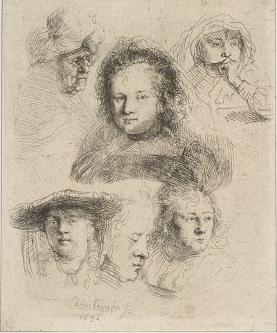 レンブラントの妻と他の 5 人の頭、1636 年。 作： Rembrandt van Rijn