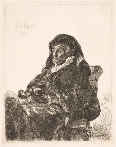 未亡人のドレスと黒い手袋を着たレンブラントの母親 作： Rembrandt van Rijn