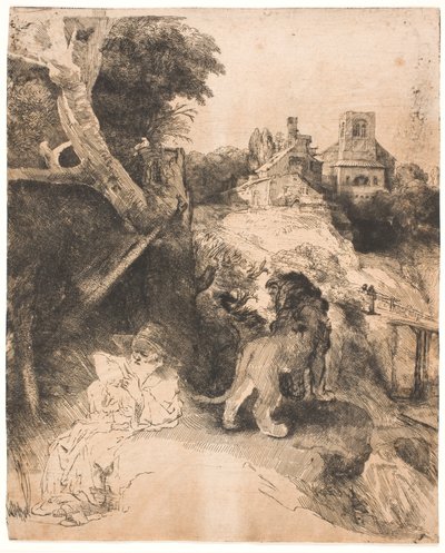 イタリアの風景を背景に読書にふける聖ヒエロニムス 作： Rembrandt van Rijn