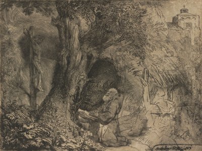 木の下で祈る聖フランチェスコ、1657年。 作： Rembrandt van Rijn