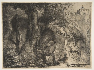 木の下で祈る聖フランシスコ、1657年。 作： Rembrandt van Rijn