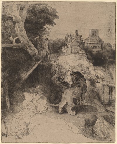 イタリアの風景で読書する聖ヒエロニムス 作： Rembrandt van Rijn