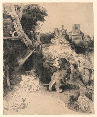 イタリアの風景で読書する聖ヒエロニムス 作： Rembrandt van Rijn