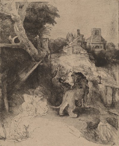 イタリアの風景の中で読書する聖ジェローム、c。 1653年。 作： Rembrandt van Rijn