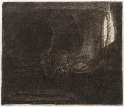 暗い部屋の中の聖ヒエロニムス 作： Rembrandt van Rijn