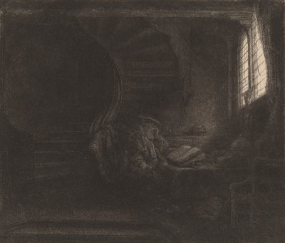 暗い部屋の聖ヒエロニムス、1642 年。 作： Rembrandt van Rijn