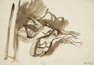 ベッドで眠っているサスキア（ペンと茶色のインク） 作： Rembrandt van Rijn