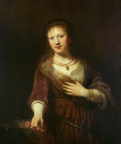 赤い花を持つサスキア 作： Rembrandt van Rijn