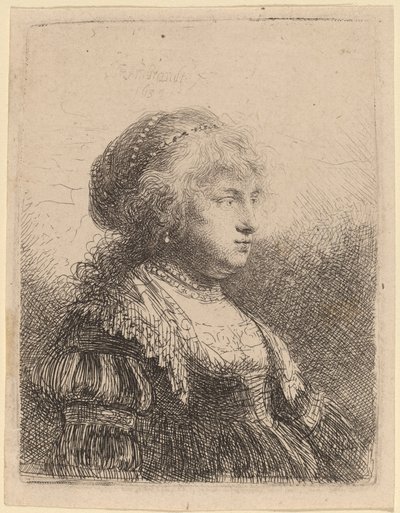 髪に真珠をあしらったサスキア 作： Rembrandt van Rijn