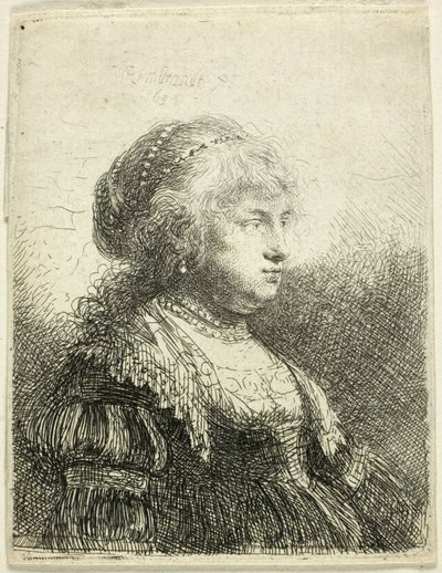 髪に真珠をあしらったサスキア 作： Rembrandt van Rijn
