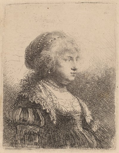 髪に真珠をつけたサスキア、1634年 作： Rembrandt van Rijn