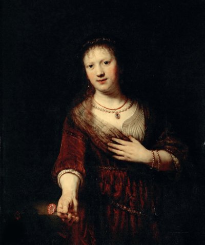 赤い花を持つサスキア、1641年。 作： Rembrandt van Rijn