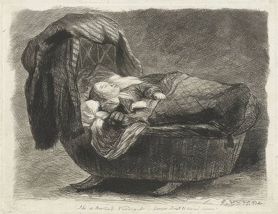 ゆりかごで眠っている子供（ゆりかごで平手打ち） 作： Rembrandt van Rijn